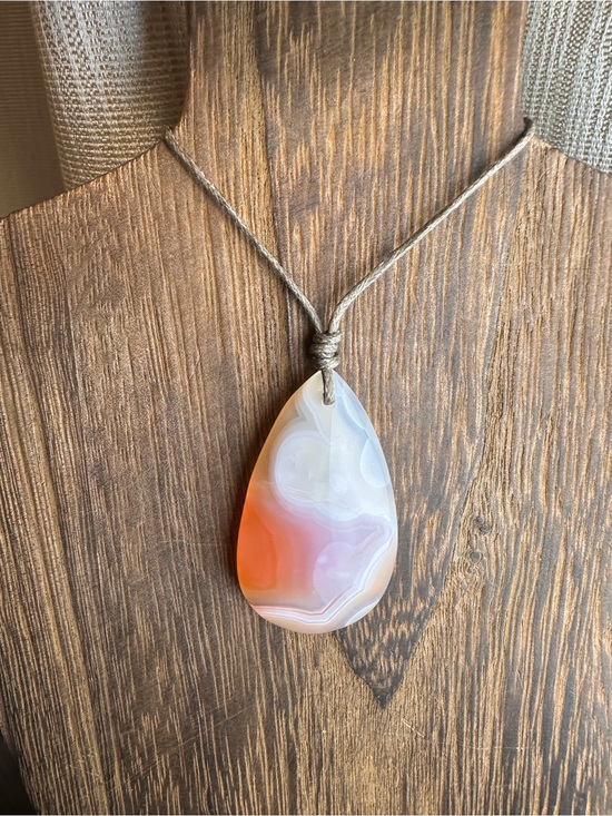 Jewelry - Coral Agate Teardrop Pendant Necklace on Thin Simple Tan Rope